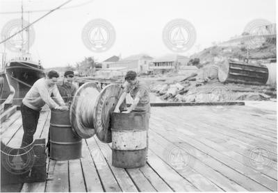 Three men on dock during Trade Wind cruise