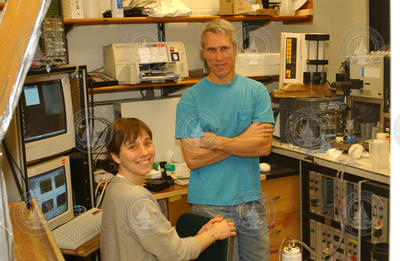 Heidi Sosik and Rob Olson working in the lab.