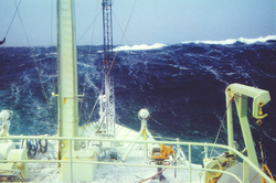 Freezing waves washing toward the bow of R/V Knorr.