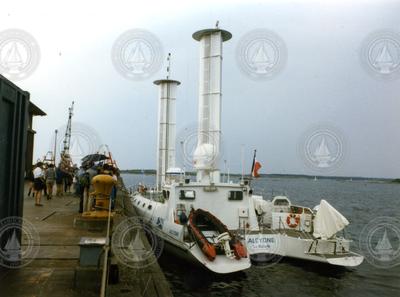 Jacques Cousteau's experimental windship Alcyone at WHOI dock.