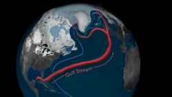 North Atlantic ocean circulation shown on a world globe.