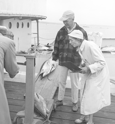 Frank Mather and Dot Rogers on WHOI dock.