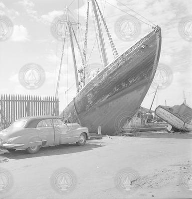 Schooner Marjorie Parker in Fairhaven after Hurricane Carol.