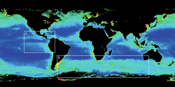 Satellite image used for analyzing 2 areas of global ocean surface water.