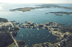 Aerial view of Woods Hole, Eel Pond