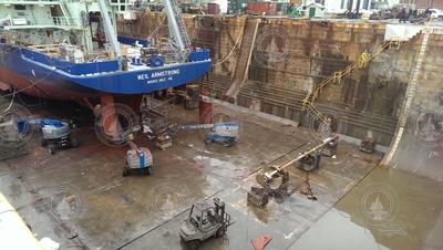 Stern view of R/V Neil Armstrong with propeller and drive shaft removed.
