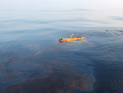 AUV Sentry at the oily surface of the Gulf of Mexico.