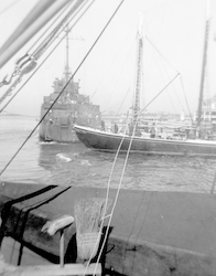 Schooner Reliance at dock in Woods Hole, another research vessel in view