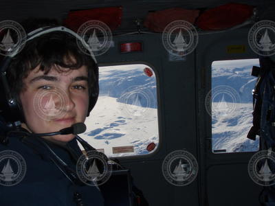 Fiamma Straneo on the transport helicopter over Greenland.