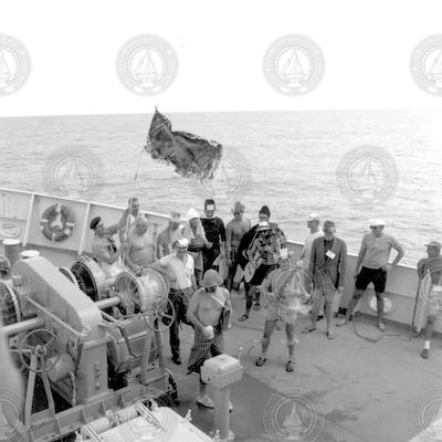 Group on deck of Atlantis II for the line crossing ceremony