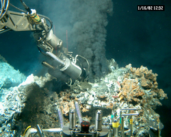 Manipulator probe sampling black smoker liquids during Alvin dive 3752.