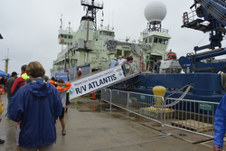 R/V Atlantis banner hung on ship tour entrance gangway.