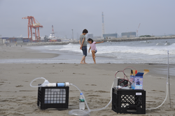 Groundwater testing equipment set up on a beach in Sendai, Japan, near Fukushima.