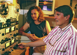 Mary Ann Daher and Bill Watkins at their lab's marine mammal audio player.