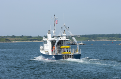 Tioga leaving WHOI dock with SeaBED onboard.