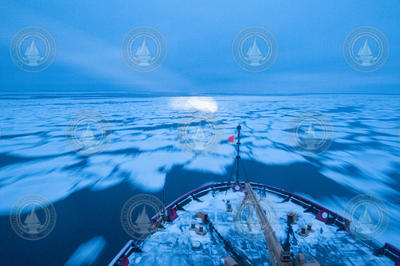 "Pancake" sea ice visible in front of the bow of USCGC Healy underway.