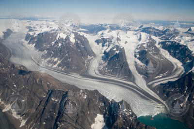 Aerial view of western Greenland Taterat Glacier from the airplane window.