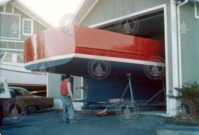 Painted hull of R/V Asterias (2nd) during construction.