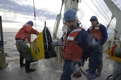Brian Kidd, Will Ostrom and Glen Gawarkiewicz retrieve the Scanfish.