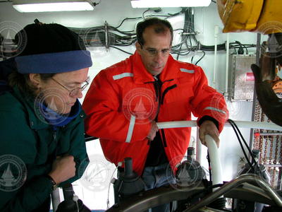 Sarah Zimmermann and Bob Pickart inspect Niskin bottles on the CTD rosette.
