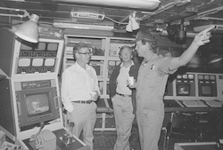 WHOI Director John Steele (left) and Robert Ballard (right) on Knorr after return from Titanic