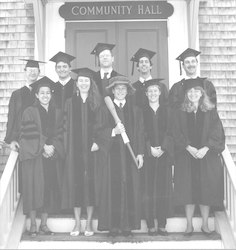 1990 graduates on the steps of the Woods Hole Community Hall