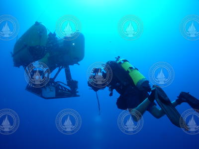 HROV Nereus with diver underwater.