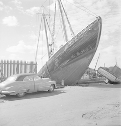 Schooner Marjorie Parker in Fairhaven after Hurricane Carol.