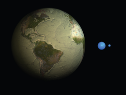 Earth and its water coverage in relation to its size.