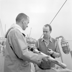 Fritz Fuglister and Dana Densmore with a Bathythermograph.