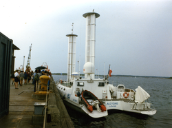 Jacques Cousteau's experimental windship Alcyone at WHOI dock.