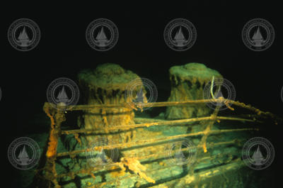 Rusticles draping over capstans on deck of RMS Titanic wreck.
