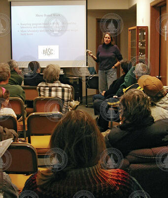 Carin Ashjian giving a lecture in Barrow, Alaska.