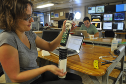 Emily Shroyer (OSU) examining a CTD sensor in R/V Roger Revelle lab.