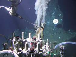 Probing instrument sampling a hydrothermal vent black smoker, Alvin dive 3745.