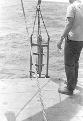 Warren Witzell on deck with instrument over side of Chain