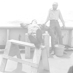 Cliff Winget and Yogi Agrawahl taking a break on deck of Knorr