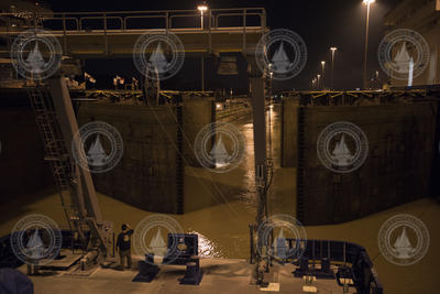 Gates in the Miraflores Lock of the Panama Canal close behind R/V Neil Armstrong.