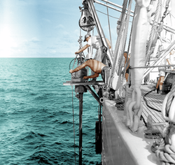 Colorized image of gravity corer deployment off original R/V Atlantis.