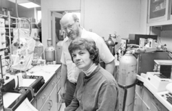 Jean Whelan and John Farrington in a chemistry lab.