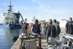 WHOI staff and well-wishers on the dock as Atlantis leaves for the Pioneer Array.