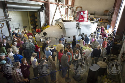 Visitors in Iselin high bay looking at DSV Alvin on display.