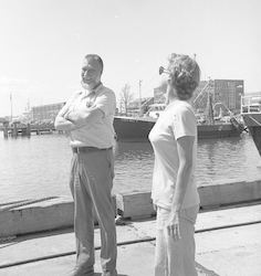 Cliff Winget and unidentified person on WHOI dock.