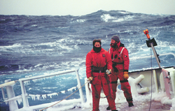 Gwyneth Hufford and Mike Ohmart standing watch on R/V Knorr.