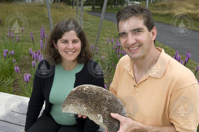 Nathalie Goodkin and Scott Doney with Bermuda brain coral specimen.