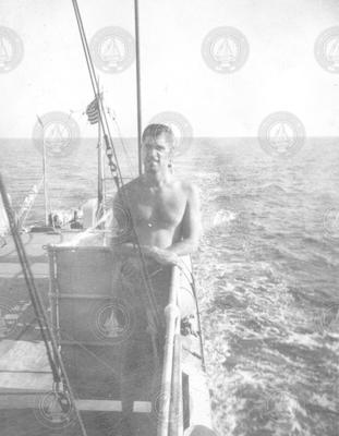 First mate Ed Watson on deck of Mentor