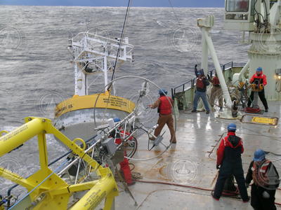 Buoy recovery operations aboard R/V Knorr.