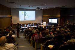 An audience member asking the panel of scientists a question.