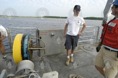 Rocky Geyer and Jay Sisson with a recovered mooring.