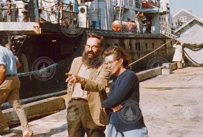 Fritz Fuglister with his wife Cecelia on the dock next to R/V Chain.